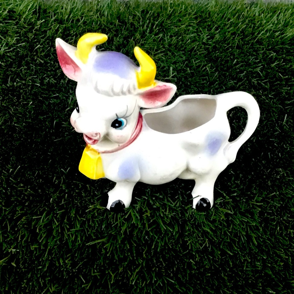 Vintage Porcelain Cow Creamer Japan Horns Bell Farmhouse Coffee Serving Decor